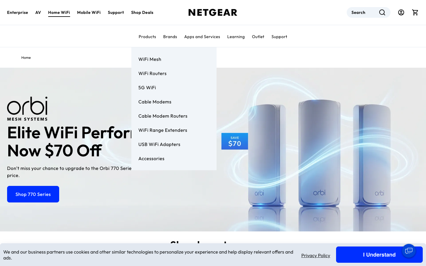 NETGEAR top nav + Products dropdown