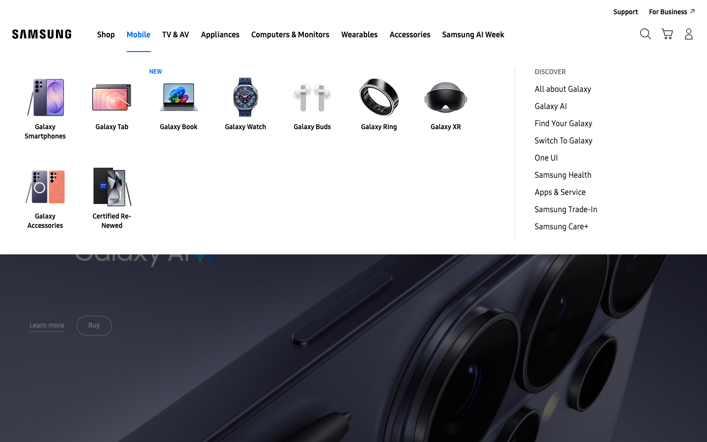 Samsung Mobile mega-menu
